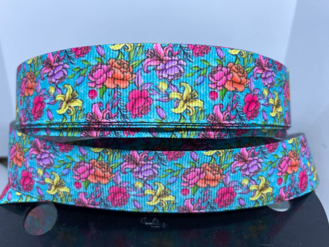 1 yard 1 inch Spring Flowers Floral Print Grosgrain Ribbon