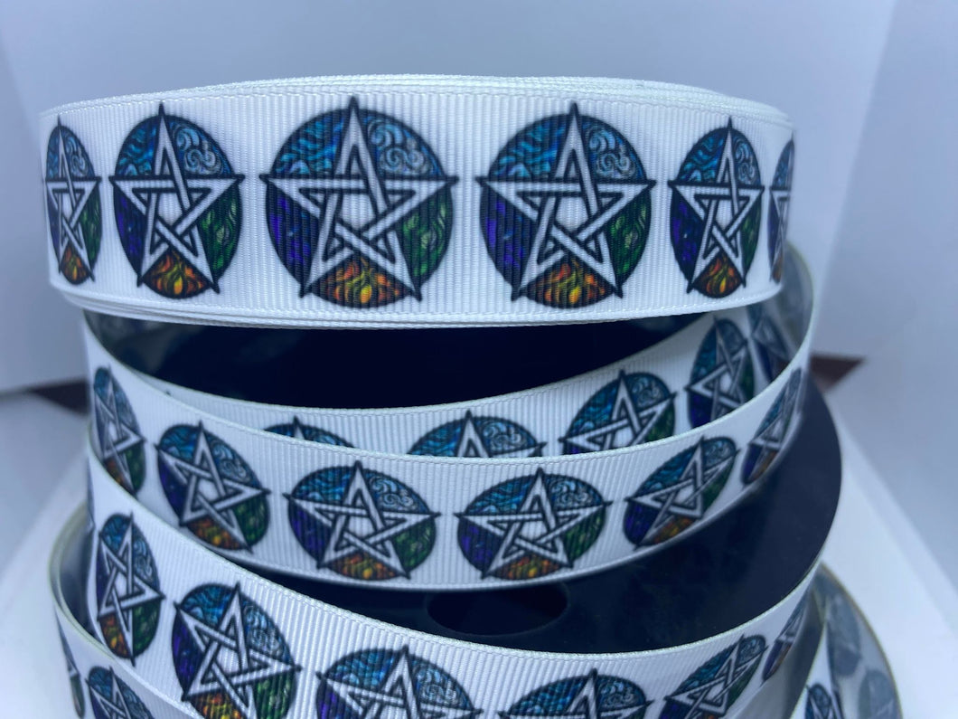 1 yard 1 Inch Pentagram Earth, Air, Fire, Water Grosgrain Ribbon