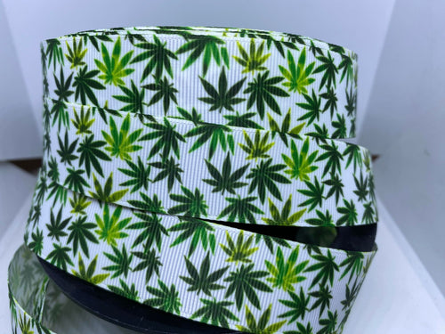 1 inch Marijuana Cannabis White Background Grosgrain Ribbon