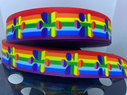 1 yard 1 inch Rainbow Print Animal Paw print Grosgrain Ribbon