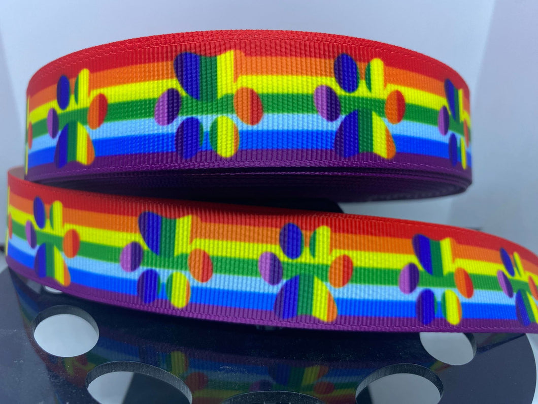 1 yard 1 inch Rainbow Print Animal Paw print Grosgrain Ribbon