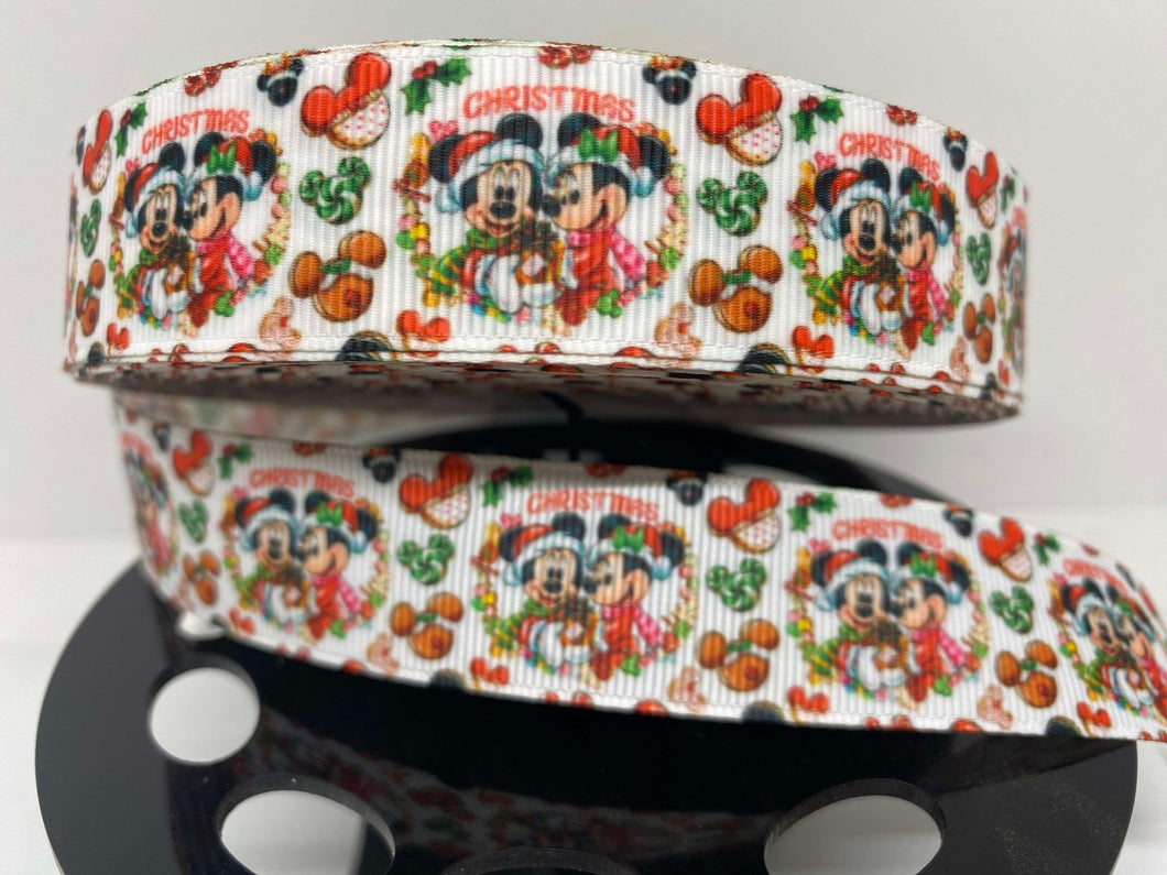 1 Yard 1 Inch Merry Christmas Traditional Mickey and Minnie Grosgrain Ribbon