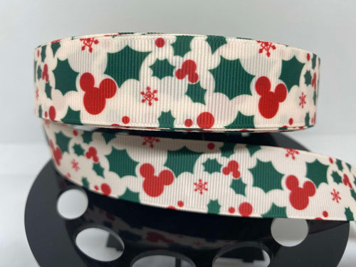1 Yard 1 Inch Mickey Christmas Holly Grosgrain Ribbon