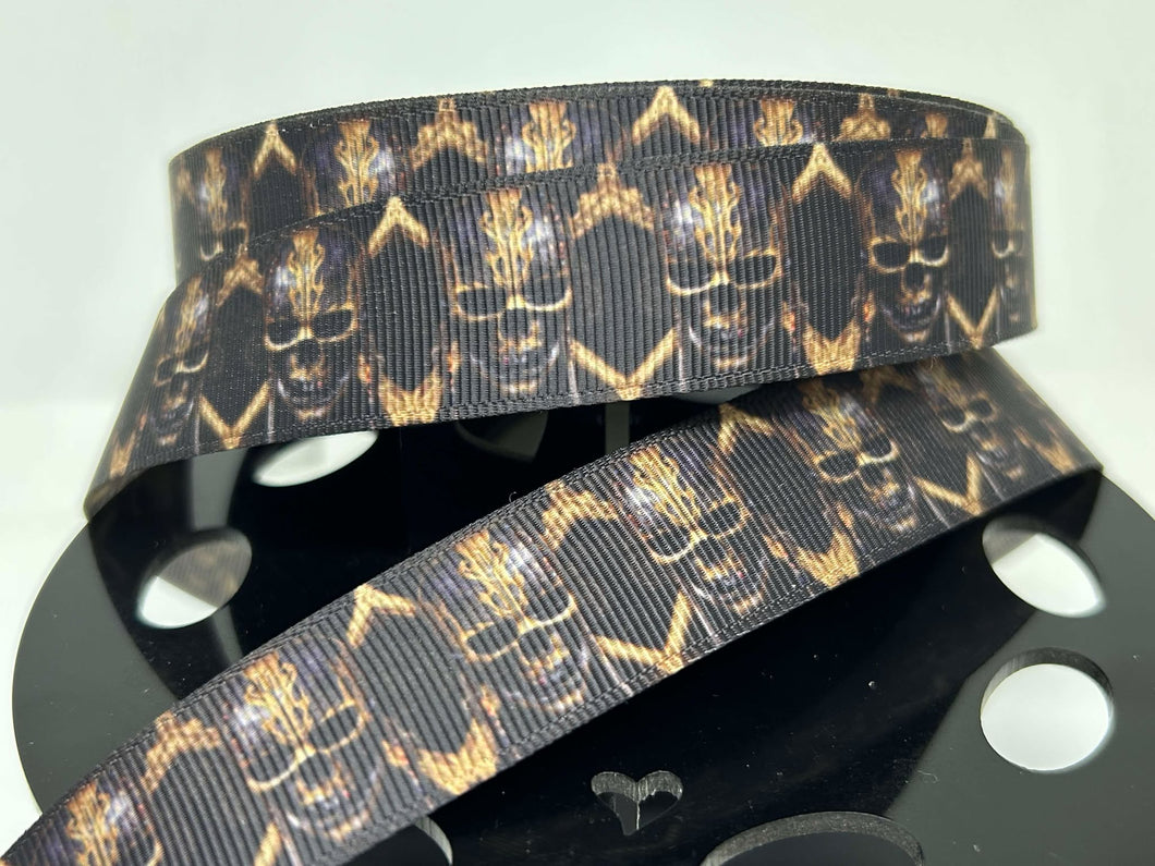 CLEARANCE 1 yards 1 inch wide Gold Pirate Skull and Crossbones Grosgrain Ribbon