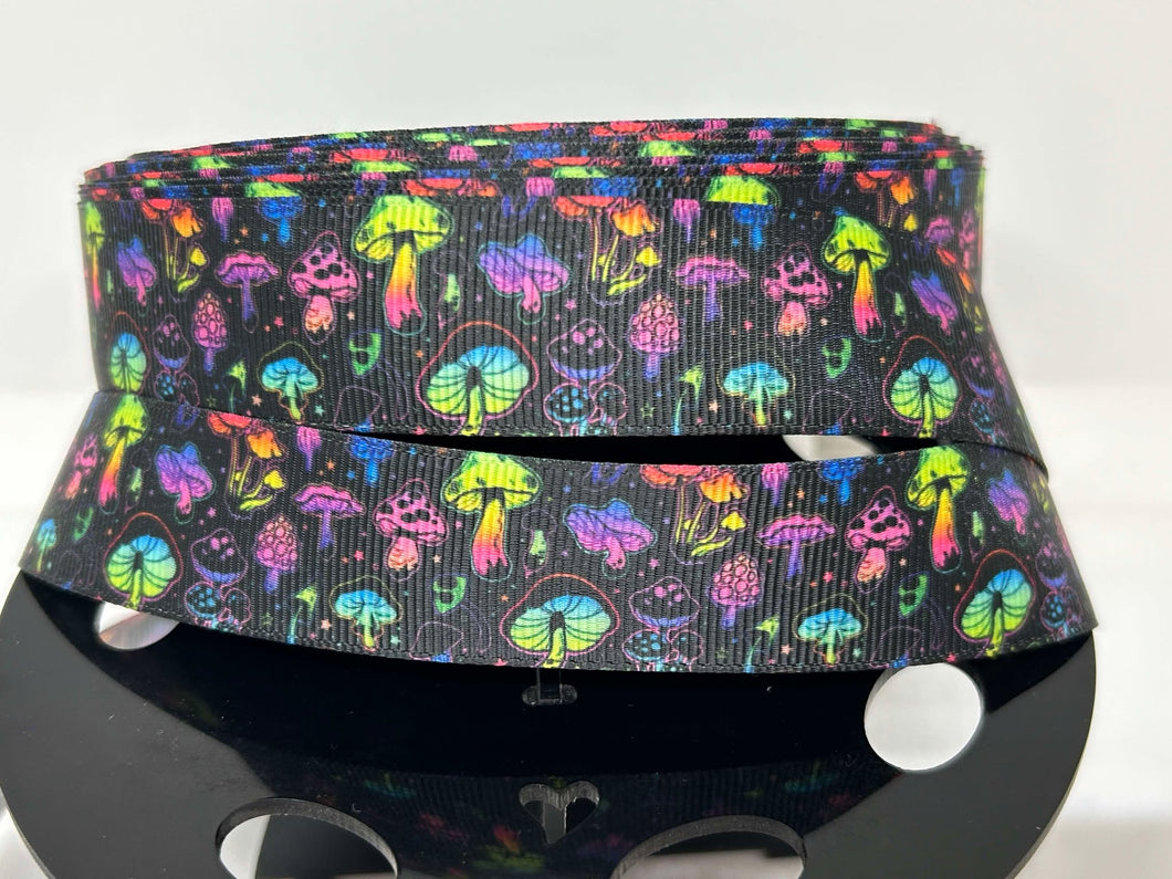 1 yard 1 inch wide Rainbow Mushrooms Grosgrain Ribbon