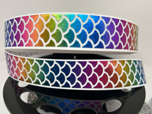 NEW 1 yard 1"inch wide Rainbow Foil Print Mermaid Grosgrain Ribbon (white base)