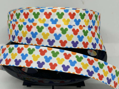 New 1 yard 1 inch Rainbow Mickey Heads Grosgrain Ribbon