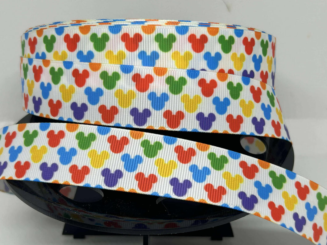 New 1 yard 1 inch Rainbow Mickey Heads Grosgrain Ribbon
