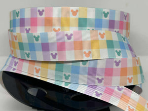 New 1 yard 1 inch Disney Mickey Pastel Gingham Plaid Grosgrain Ribbon