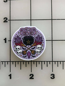NEW Witch's Cauldron with Brooms and Skulls Flat back Printed Resin