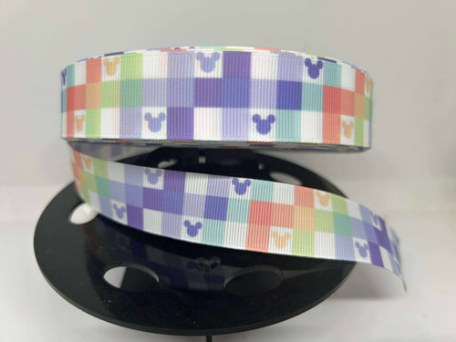 New 1 yard 1 inch Disney Mickey Pastel Plaid Grosgrain Ribbon