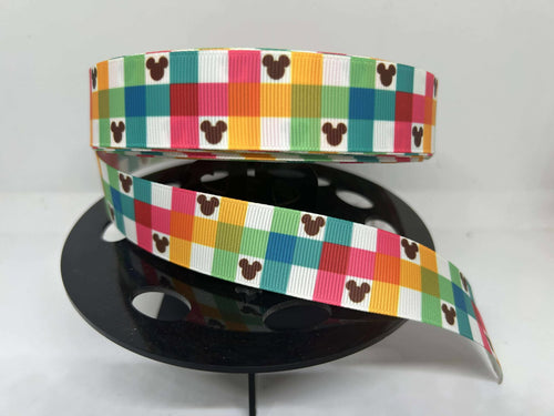 New 1 yard 1 inch Disney Mickey Bold Color Gingham Plaid Grosgrain Ribbon