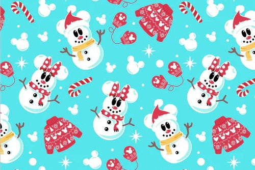Pattern of snowmen, candy canes, and hats on a blue background
