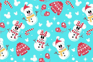 Pattern of snowmen, candy canes, and hats on a blue background
