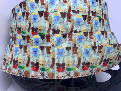 1 yard 1 inch Kawaii Park food/ snacks with faces Grosgrain Ribbon
