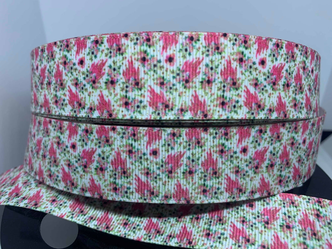 1 yard 1 inch Pretty Pink castle with flowers Mini Confetti Print Bow Making Ribbon