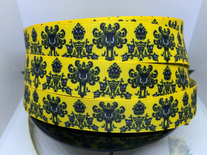 1 yard 7/8" Yellow Disney Haunted Mansion Wallpaper Print Grosgrain Ribbon