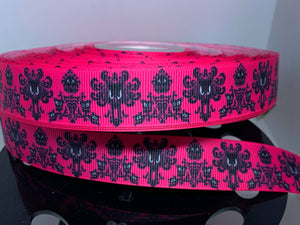 1 yard 7/8" Punk Pink Disney Haunted Mansion Wallpaper Print Grosgrain Ribbon