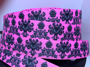 1 yard 7/8" Pink Disney Haunted Mansion Wallpaper Print Grosgrain Ribbon