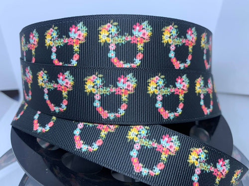 1 Yard 1 inch Mickey Flower Wreath Grosgrain Ribbon