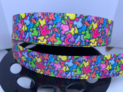 1 yard 1 inch Rainbow Mouse Head Sketch Grosgrain Ribbon