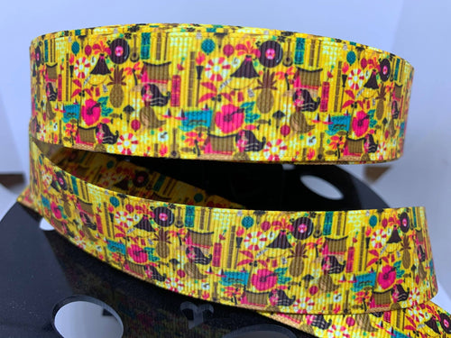1 yard 1 inch Vintage Tiki Culture Collage Grosgrain Ribbon Tiki Life