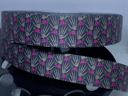 1 yard 1 inch Manicure to Die For Skeleton Print Grosgrain Ribbon