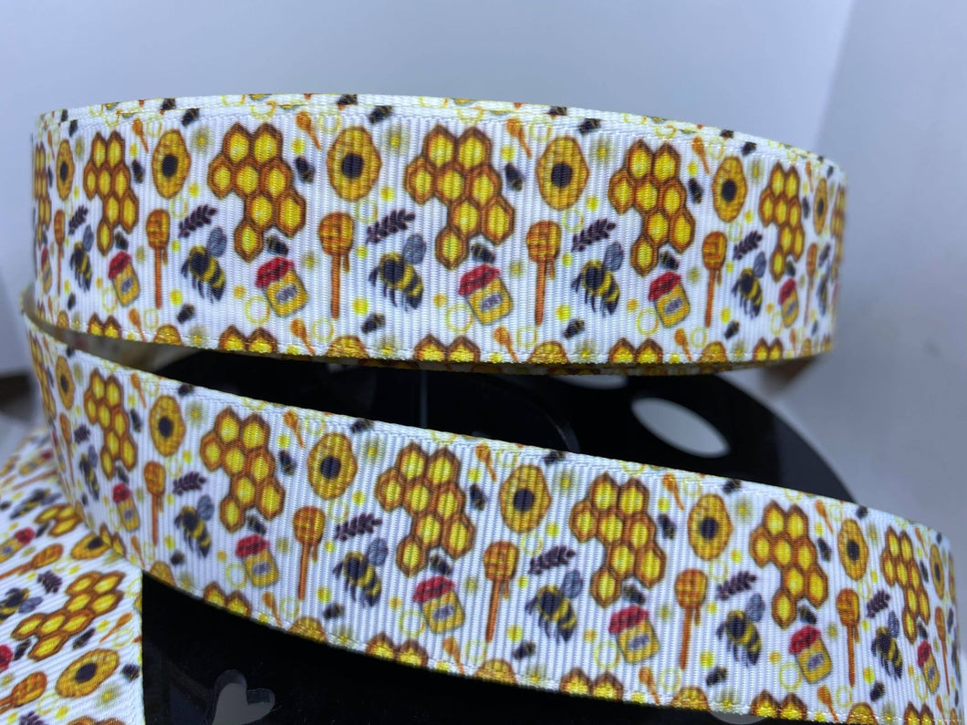 1 Yard 1 inch Honey Bee with Honeycomb Grosgrain Ribbon