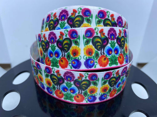 1 yard 1 inch Traditional Mexican Embroidery Patterns with Rooster Grosgrain Ribbon
