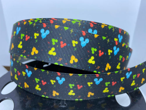 1 yard 1 inch Rainbow Mickey Balloons Black Background Grosgrain Ribbon