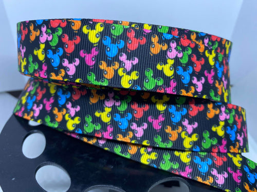 MINI PRINT!! 1 yard 1 inch Rainbow Mickey Balloons Black Background Grosgrain Ribbon