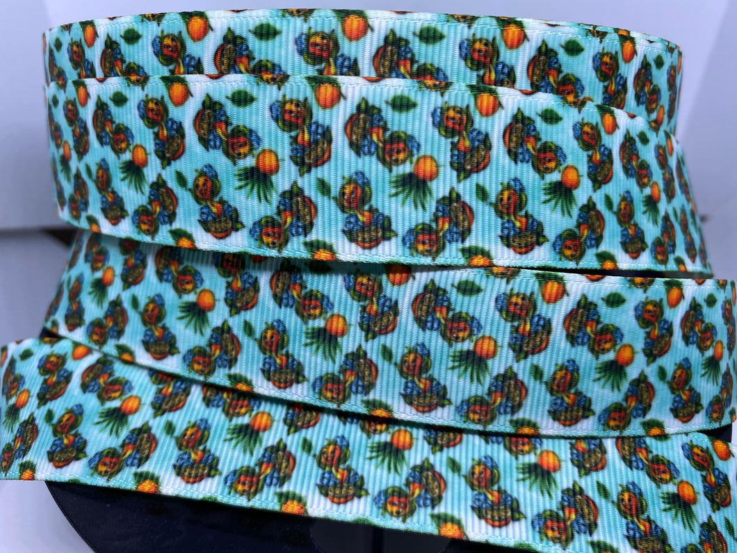 1 yard 1 inch Blue Orange Bird Print Grosgrain Ribbon