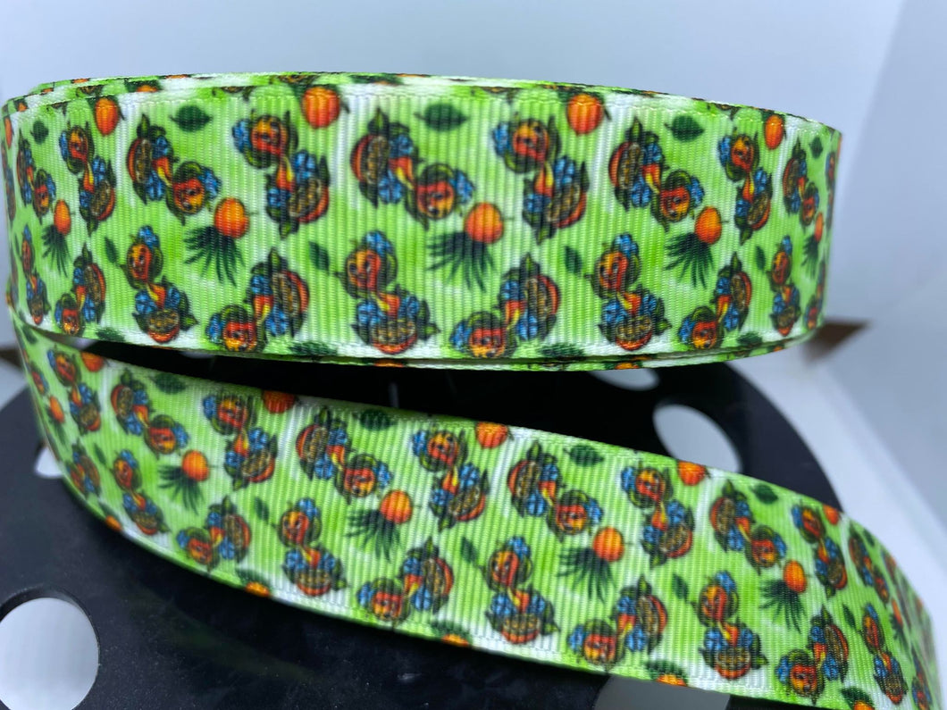 1 yard 1 inch Green Orange Bird Print Grosgrain Ribbon