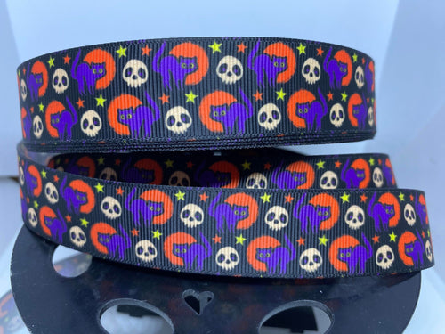 1 yard 1 inch Vintage Retro Classic Halloween Cats and Moons with Skulls Print Grosgrain Ribbon