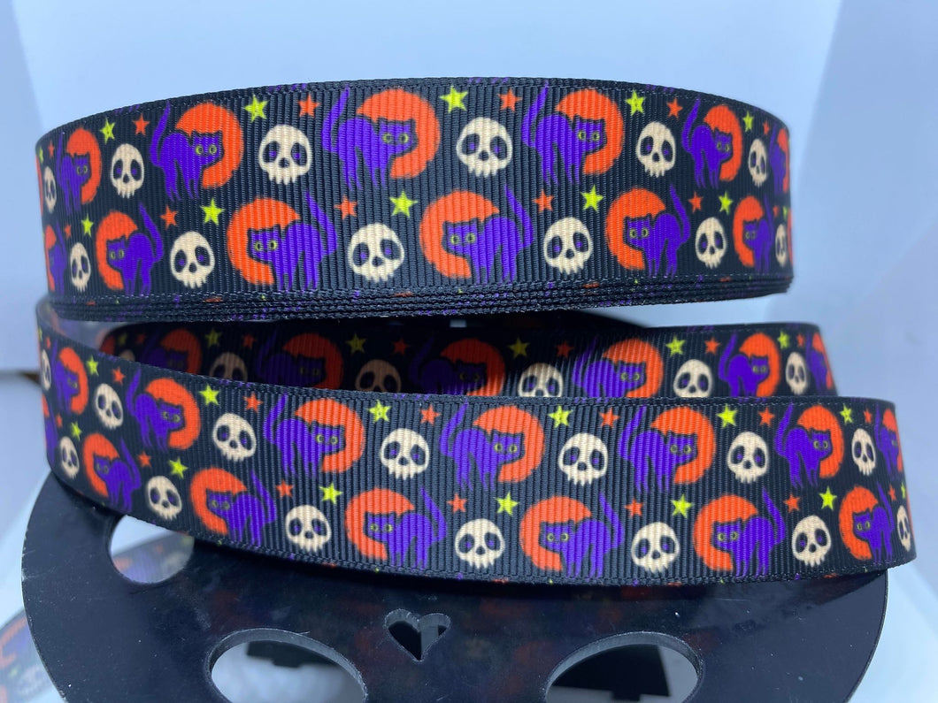 1 yard 1 inch Vintage Retro Classic Halloween Cats and Moons with Skulls Print Grosgrain Ribbon