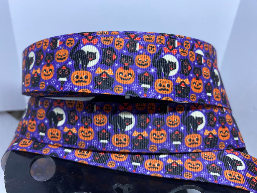 1 yard 1 inch Vintage Retro Classic Halloween Black Cats and Moons w/ Pumpkins Print Grosgrain Ribbon