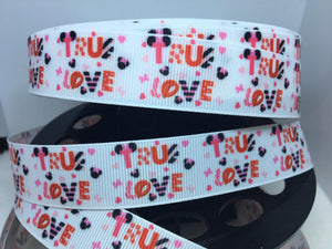 1 Yard 7/8" Valentines "True Love" Day Hearts Mickey and Minnie Grosgrain Ribbon