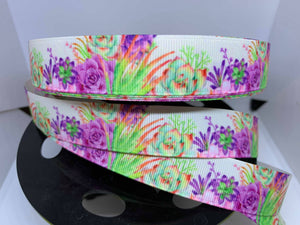 1 yard 7/8" Pretty Watercolor Colorful Succulent Grosgrain Ribbon