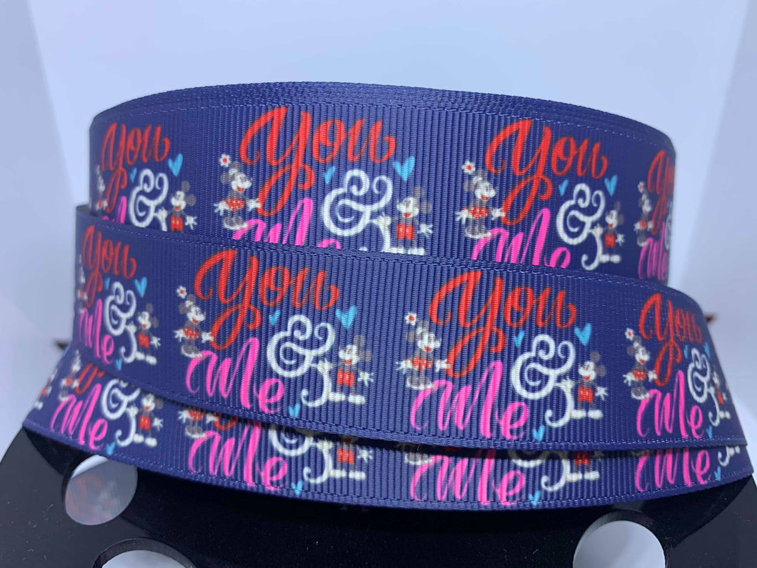 1 Yard 1 inch Mickey and Minnie You and Me print Grosgrain Ribbon