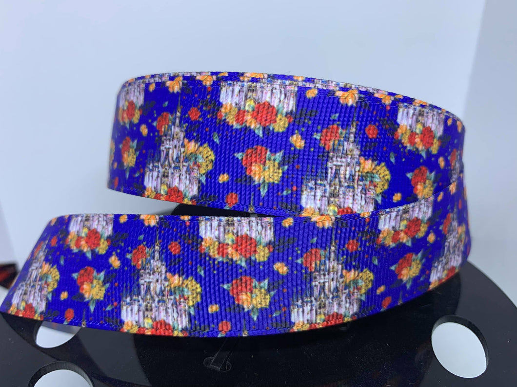 1 yard 1 inch WDW Castle Floral Print Grosgrain Ribbon Bow Making Ribbon