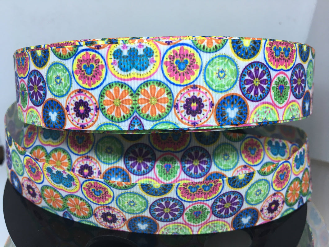 1 yard 1 inch Pretty and Colorful Boho Mickey Flowers Grosgrain Ribbon