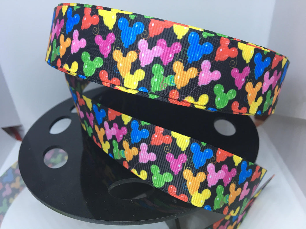 1 yard 1 inch Rainbow Mickey Balloons Black Background Grosgrain Ribbon