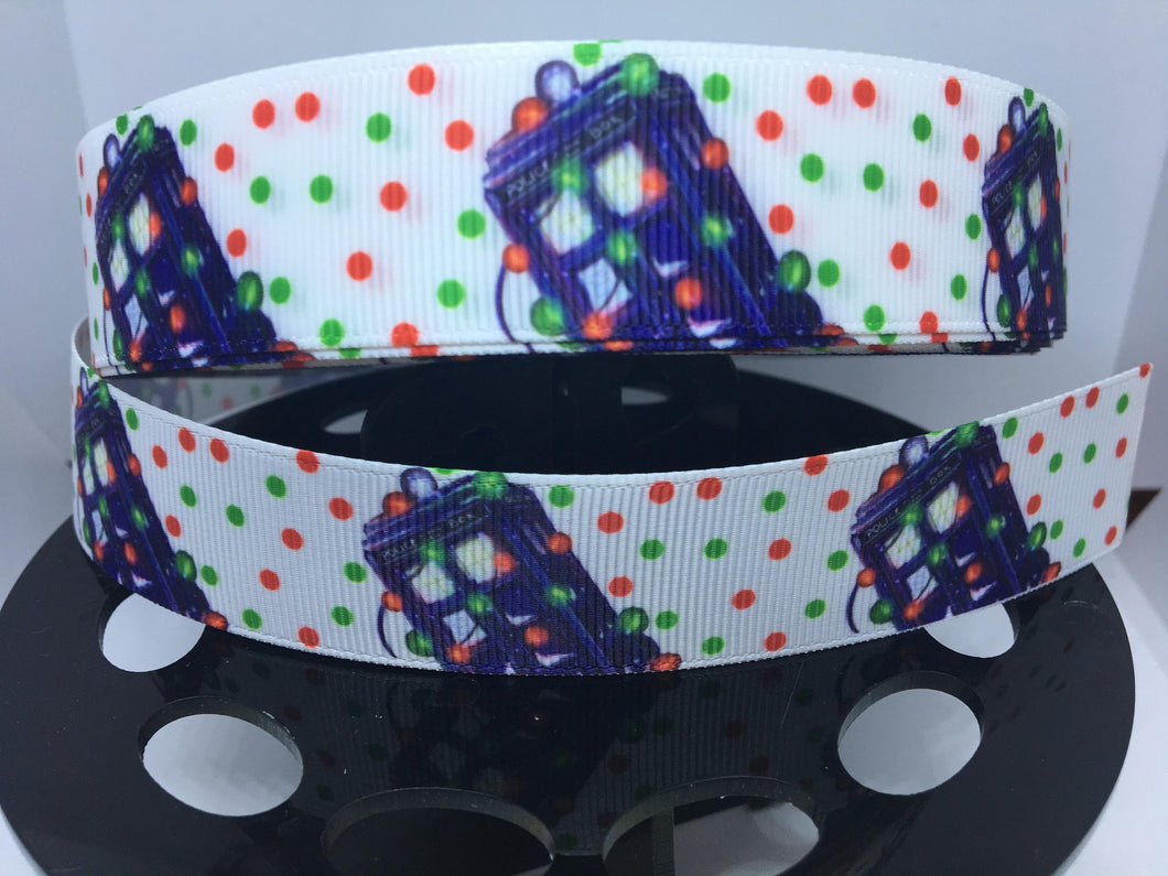 1 yard 1 inch British blue Police Box Christmas Grosgrain Ribbon