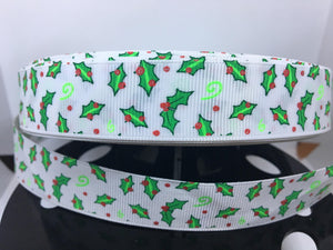 1 yard 7/8" Foil Print Christmas Holly Printed Grosgrain Ribbon - DLR Bow Making Ribbon - Winter Grosgrain Ribbon - 22 mm